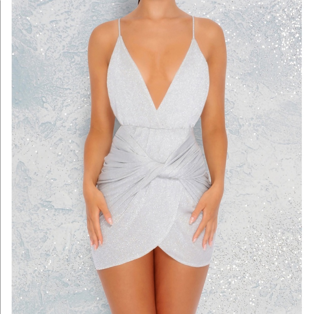GLISTEN HERE METALLIC KNIT WRAP MINI DRESS